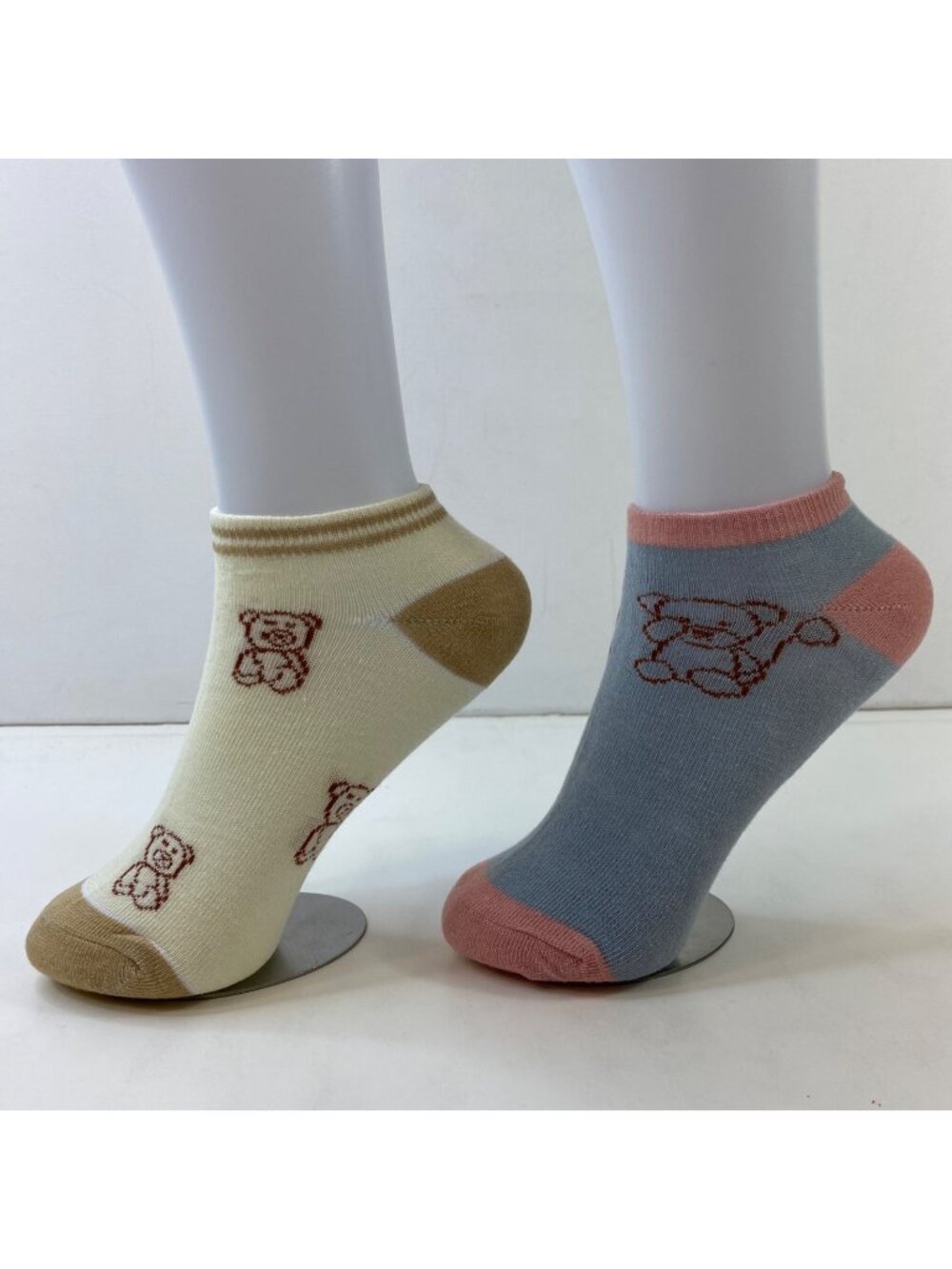 Womens Teddy Bear Ankle Socks 2-Pack Beige Blue Pink Brown Cute Printed